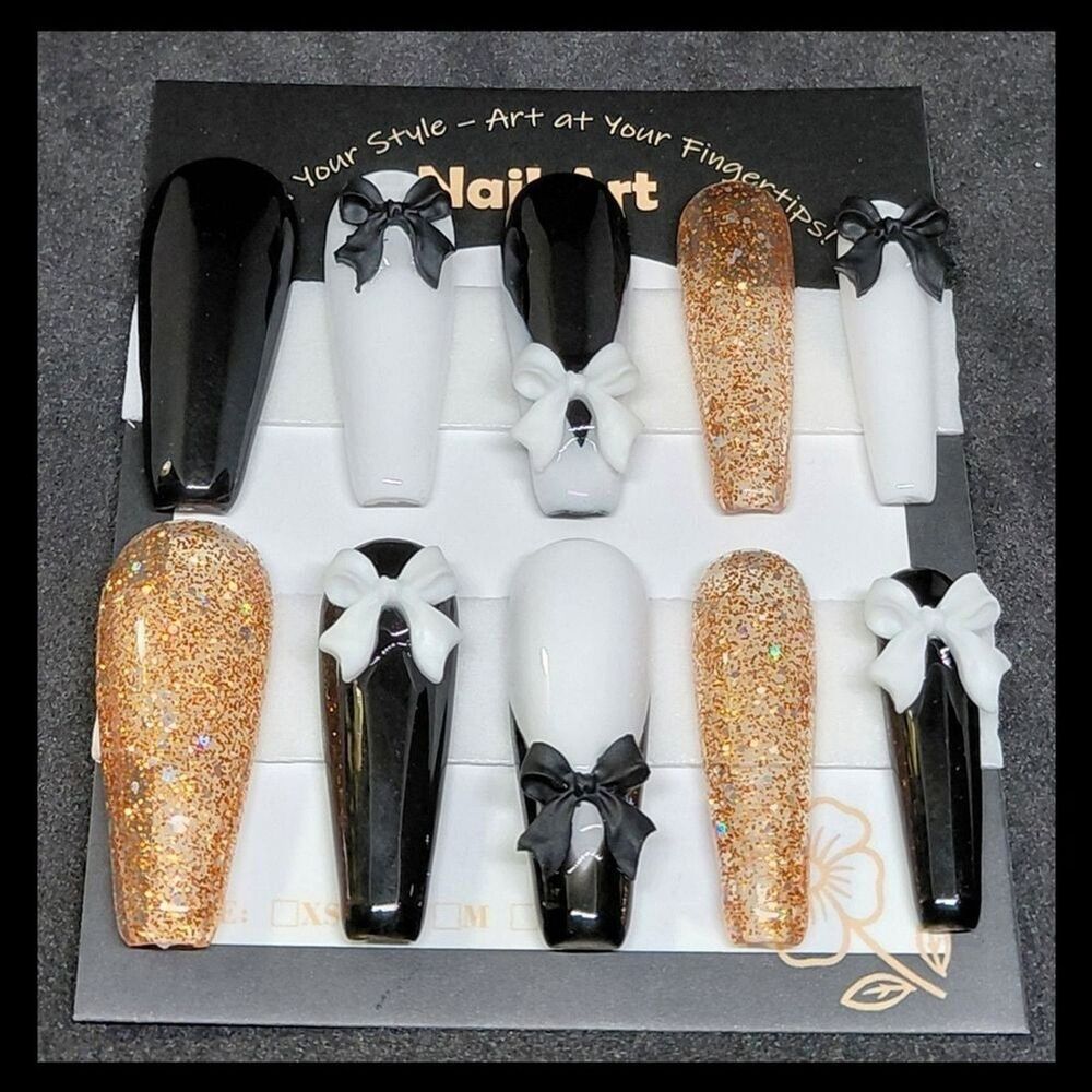 4/$40 ***Summer Sale***Black and Gold Glitter Handmade Press on Nails